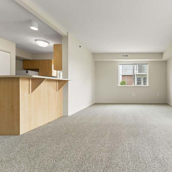 Thumbnail 5 of 11 An enlarged living room with a carpeted floor and a window with blinds at Fieldstream Apartment Homes in IA 50023