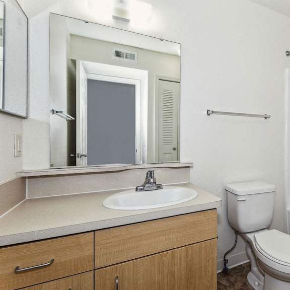 Thumbnail 8 of 12 primary bathroom with a sink toilet and a mirror at Fieldstream Apartment Homes in Ankeny, IA