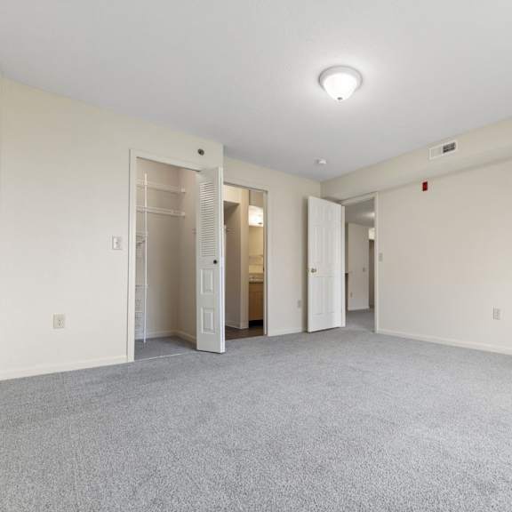 Thumbnail 17 of 18 A large master room with carpeted floor, attached bathroom, and a walk-in closet with organizers at Fieldstream Apartment Homes, Iowa