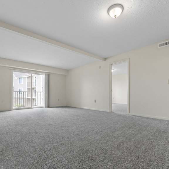 Thumbnail 4 of 18 A spacious living room with a carpeted floor at Fieldstream Apartment Homes, Iowa
