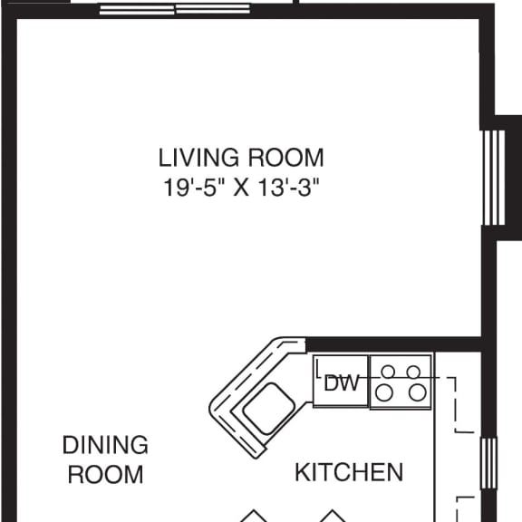 Thumbnail 2 of 9 One bedroom end floor plan at Foxwood and The Hermitage, Portage, MI, 49024