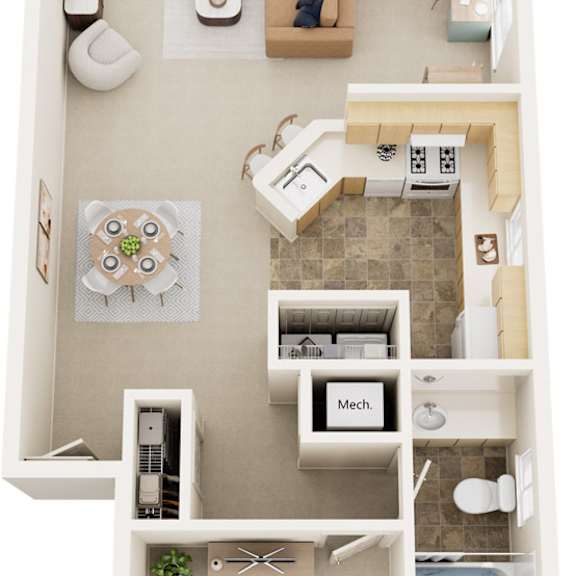Thumbnail 1 of 12 One Bedroom One Bath End 3D Floor plan at Foxwood and The Hermitage, Portage, 49024