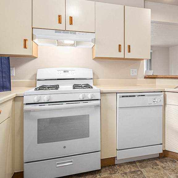 Thumbnail 6 of 9 A kitchen with a gas stove and a dishwasher at Foxwood and The Hermitage, Portage, 49024