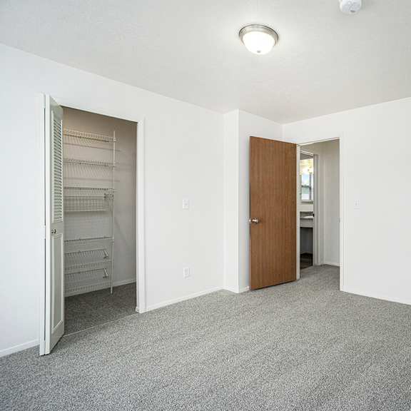 Thumbnail 13 of 13 A bedroom with a walk-in closet with wardrobe organizers and plush carpet at Glenn Valley Apartments, Battle Creek, MI, 49015