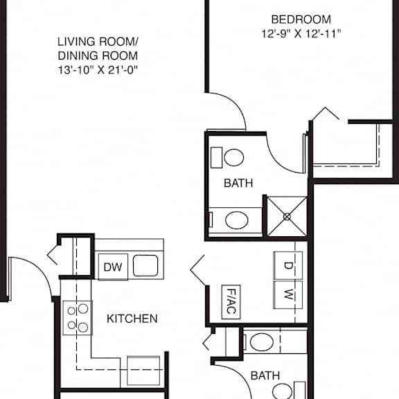 Thumbnail 2 of 12 Two bedroom two bath floor plan at Gull Prairie/Gull Run Apartments and Townhomes, Kalamazoo, 49048