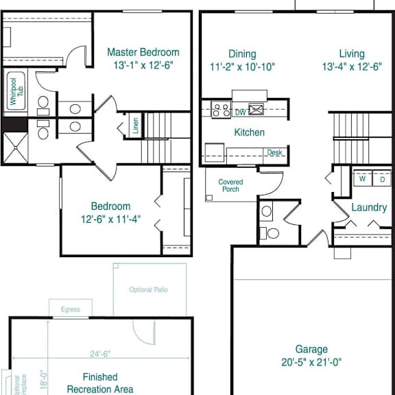 Thumbnail 2 of 28 Two bedroom two story 2D floor plan at Gull Prairie/Gull Run Apartments and Townhomes, Kalamazoo, 49048