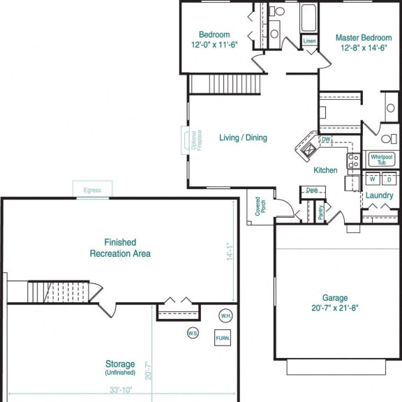 Thumbnail 2 of 11 Two bedroom ranch floor plan at Gull Prairie/Gull Run Apartments and Townhomes, Kalamazoo, 49048