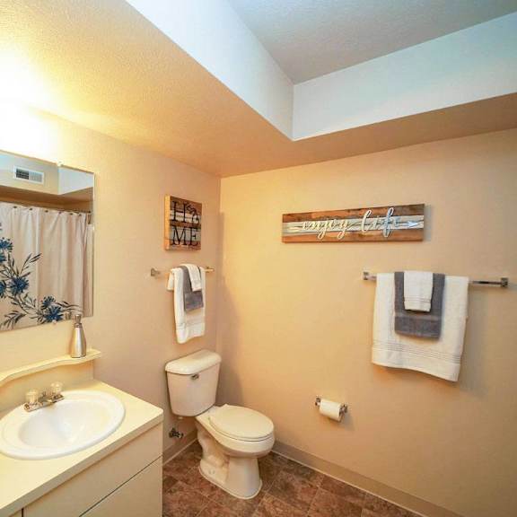 Thumbnail 9 of 13 a bathroom with a toilet and a sink and a mirror at Gull Prairie/Gull Run Apartments and Townhomes, Michigan, 49048