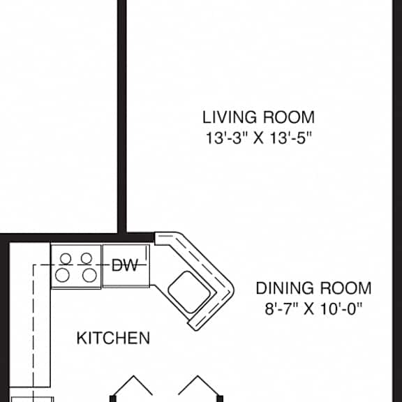 Thumbnail 2 of 13 One bedroom one bath floor plan at Gull Prairie/Gull Run Apartments and Townhomes, Kalamazoo, 49048