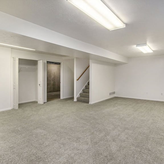 Thumbnail 25 of 28 basement with plush carpeting and a staircase at Gull Prairie/Gull Run Apartments and Townhomes, Kalamazoo, Michigan