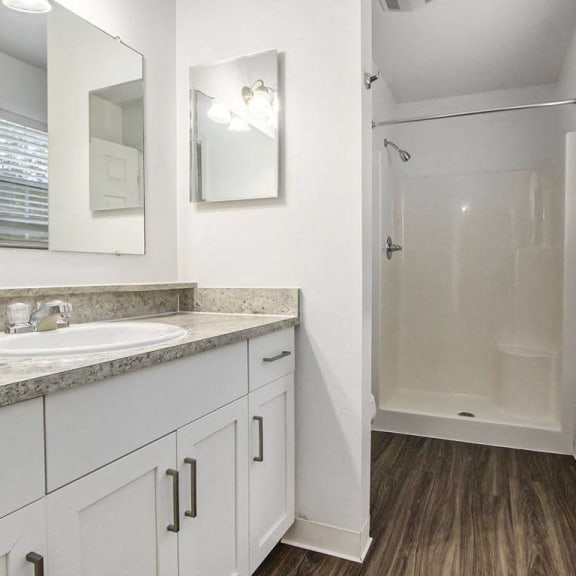 Thumbnail 18 of 28 an upgraded bathroom with a sink and a shower at Gull Prairie/Gull Run Apartments and Townhomes, Kalamazoo, Michigan
