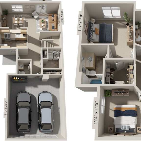 Thumbnail 1 of 15 Three-bedroom two-story 3D floor plan at Gull Prairie/Gull Run Apartments and Townhomes, Kalamazoo, MI, 49048