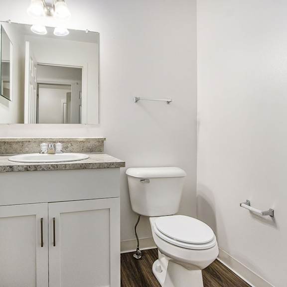Thumbnail 9 of 15 a bathroom with a toilet and a sink and a mirror at Gull Prairie/Gull Run Apartments and Townhomes, Michigan, 49048