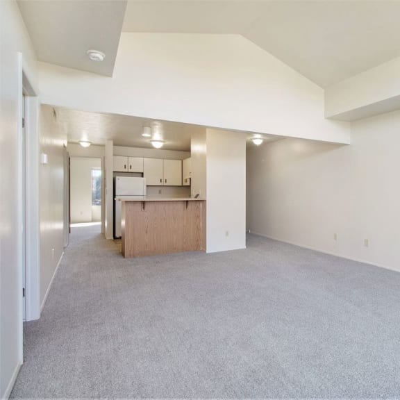 Thumbnail 5 of 14 the living room and kitchen of an apartment with carpeting at Gull Prairie/Gull Run Apartments and Townhomes, Michigan