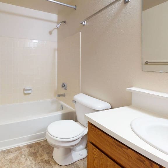 Thumbnail 11 of 14 a bathroom with a toilet and a tub and a sink at Hampton Lakes Apartments in Walker, MI 49534