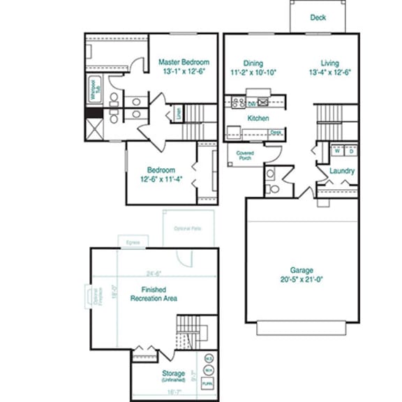 Thumbnail 2 of 14 Two bedroom two story floor plan at Foxwood and The Hermitage, Portage, MI, 49024