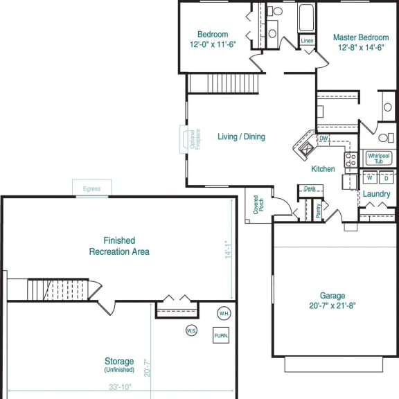 Thumbnail 2 of 11 Two bedroom ranch floor plan at Foxwood and The Hermitage, Portage, MI, 49024