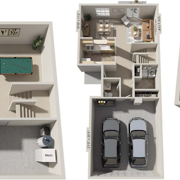 Thumbnail 1 of 14 Two bedroom two-story 3D floor plan at Foxwood and The Hermitage, Portage, MI