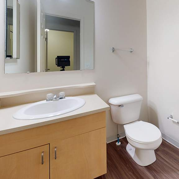 Thumbnail 8 of 15 a bathroom with a toilet, sink, and mirror at Foxwood and The Hermitage, Portage, MI