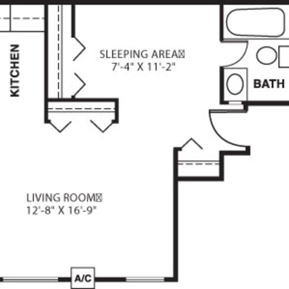 Thumbnail 2 of 9 Studio 2D floor plan at Hickory Village Apartments, Mishawaka