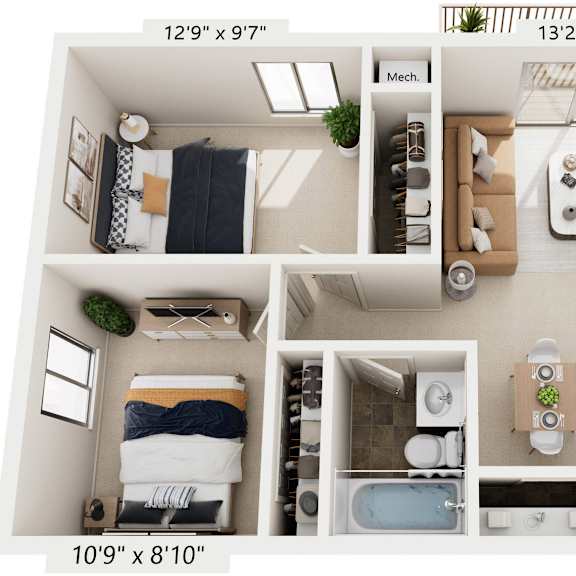 Thumbnail 1 of 11 Two Bedroom One Bath 3D Floor plan at Hickory Village Apartments, Indiana, 46545