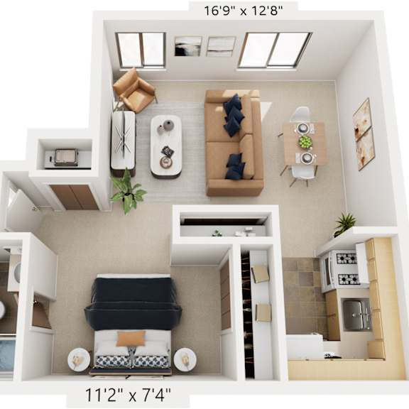 Thumbnail 1 of 9 Studio 3D Floor plan at Hickory Village Apartments, Mishawaka
