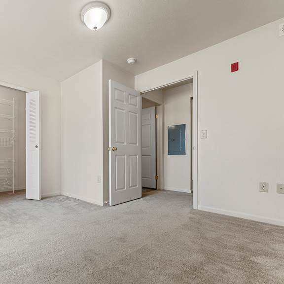 Thumbnail 13 of 13 A white bedroom with a carpeted floor and a walk-in closet at Hunters Pond Apartment Homes, Illinois, 61820