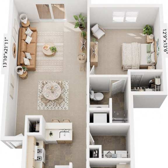 Thumbnail 1 of 18 Two bedroom 3D floor plan at Hunters Pond Apartment Homes, Champaign, IL