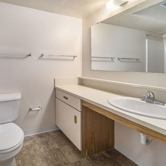 Thumbnail 7 of 10 a bathroom with a toilet sink and mirror  at Hurwich Farms Apartments, Indiana
