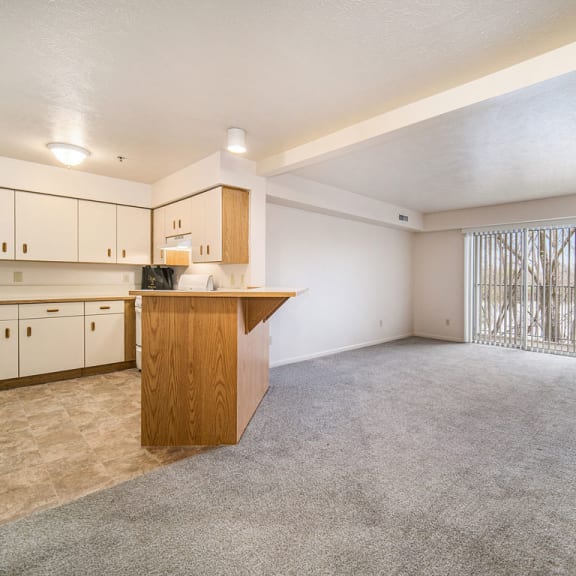 Thumbnail 5 of 10 an empty living room and kitchen with a counter  at Hurwich Farms Apartments, South Bend