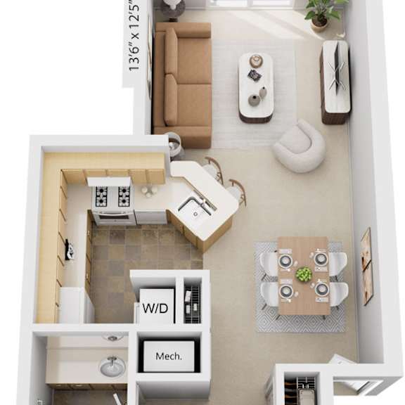 Thumbnail 1 of 9 One Bedroom, One Bath 3D Floor Plan at Indian Lakes Apartments, Mishawaka