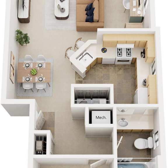 Thumbnail 1 of 12 One Bedroom End 3D Floor Plan at Indian Lakes Apartments, Mishawaka, Indiana