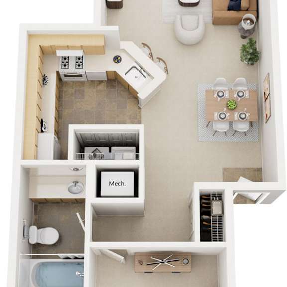 Thumbnail 1 of 8 One Bedroom Modified 3D Floor Plan at Indian Lakes Apartments, Indiana