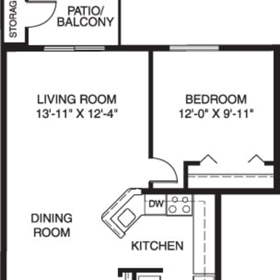 Thumbnail 2 of 6 Two bedroom one bath 2D floor plan at Indian Lakes Apartments, Mishawaka