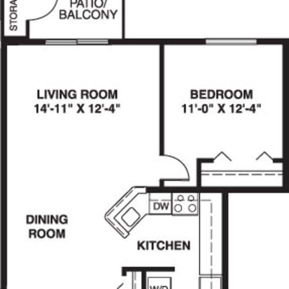 Thumbnail 2 of 6 Two bedroom front to back 2D floor plan at Irish Hills Apartments, South Bend, Indiana