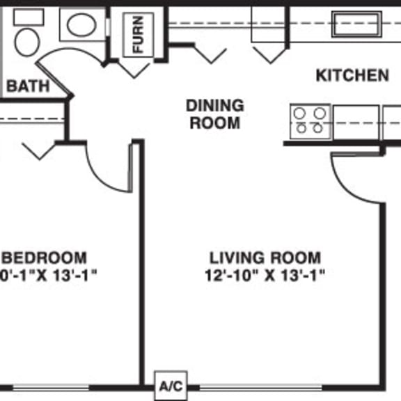 Thumbnail 2 of 6 One bedroom standard 2D floor plan at Irish Hills Apartments, South Bend, Indiana