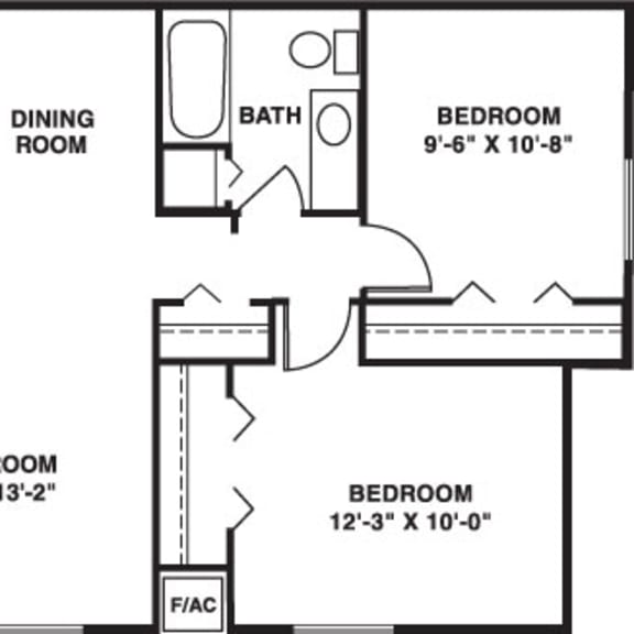 Thumbnail 2 of 14 Two bedroom classic 2D floor plan at Irish Hills Apartments, South Bend, Indiana