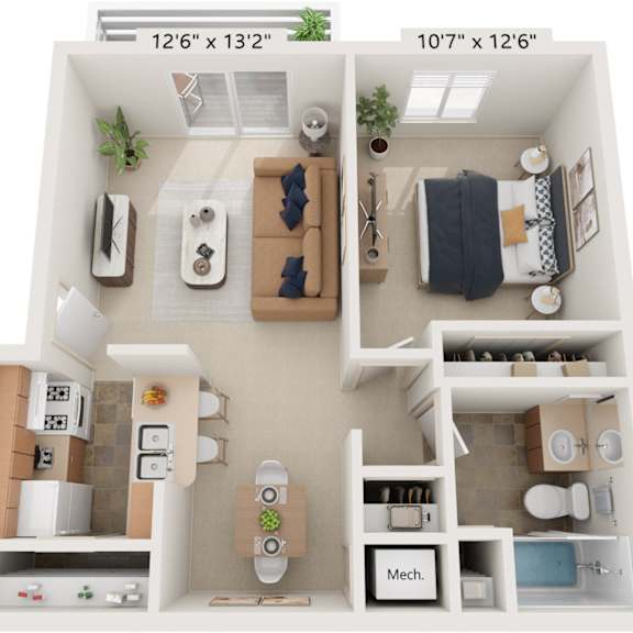 Thumbnail 1 of 9 Classic One Bedroom 3D Floor Plan at Irish Hills Apartments, South Bend, IN