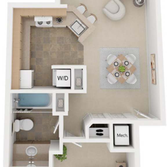 Thumbnail 1 of 6 Front-to-Back One Bedroom 3D Floor Plan at Irish Hills Apartments, South Bend, IN