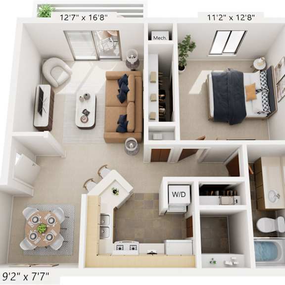 Thumbnail 1 of 5 Seville One Bedroom 3D Floor Plan at Irish Hills Apartments, Indiana, 46614