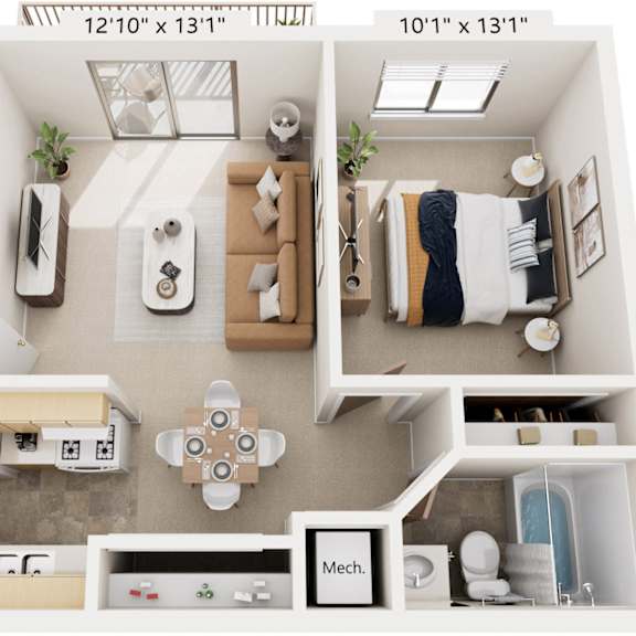 Thumbnail 1 of 6 Standard One Bedroom 3D Floor Plan at Irish Hills Apartments, South Bend, Indiana