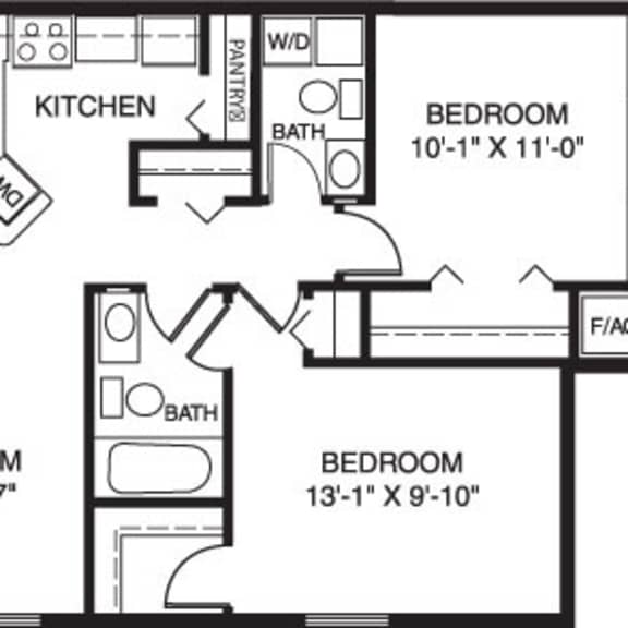 Thumbnail 2 of 6 Two bedroom seville 2D floor plan at Irish Hills Apartments, South Bend, Indiana
