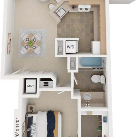 Thumbnail 1 of 6 Front-to-Back Two Bedroom 3D Floor Plan at Irish Hills Apartments, South Bend, 46614