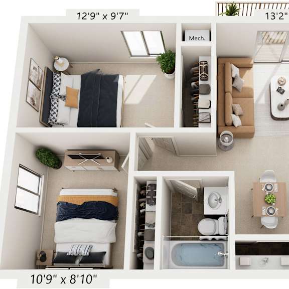 Thumbnail 1 of 9 Standard Two Bedroom 3D Floor Plan at Irish Hills Apartments, South Bend