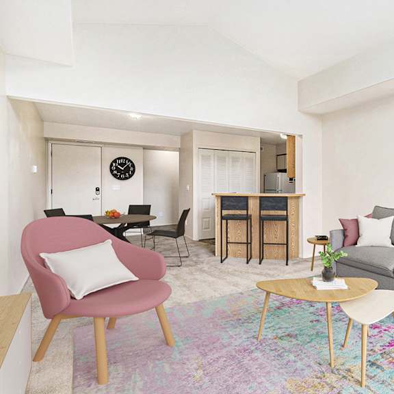 Thumbnail 5 of 11 A living room with a grey couch, a pink chair, and a wooden coffee table