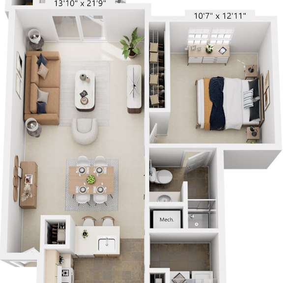 Thumbnail 1 of 12 Traditional Two Bedroom 3D floor plan at Liberty Mills Apartments, Fort Wayne