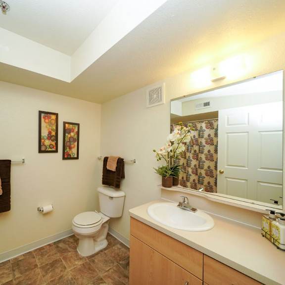Thumbnail 7 of 10 A bathroom with a toilet, sink, and mirror at Limestone Creek Apartment Homes, Alabama