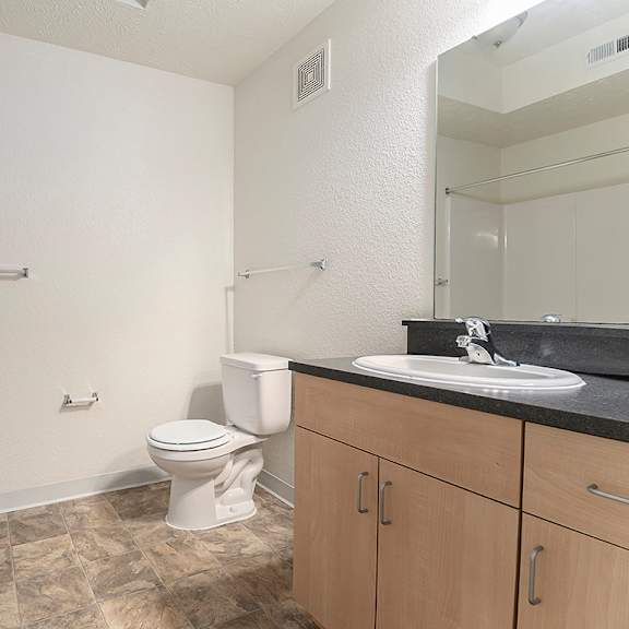 Thumbnail 9 of 12 A bathroom with a toilet, sink, and a bathtub/shower at Lynbrook Apartments and Townhomes, Elkhorn, NE, 68022