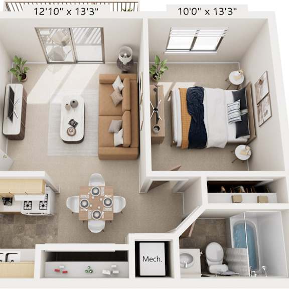 Thumbnail 1 of 8 One Bedroom One Bath 3D Floor Plan at Madeira Apartments, Michigan