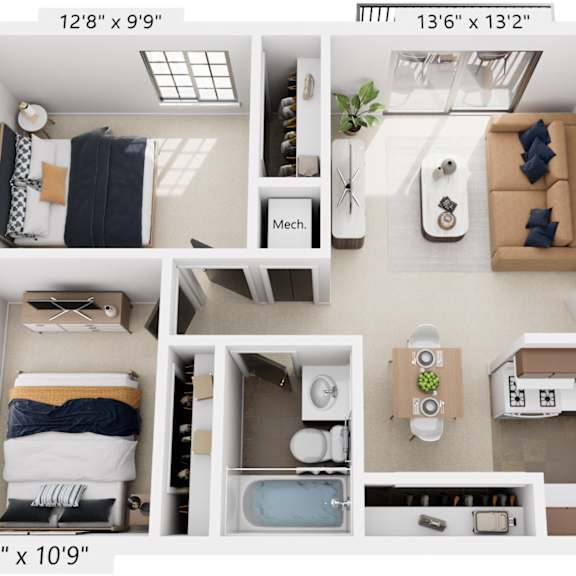 Thumbnail 1 of 9 Two Bedroom One Bath 3D Floor Plan at Madeira Apartments, Michigan, 49001